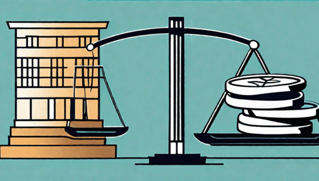 A balanced scale with coins on one side and a corporate building on the other