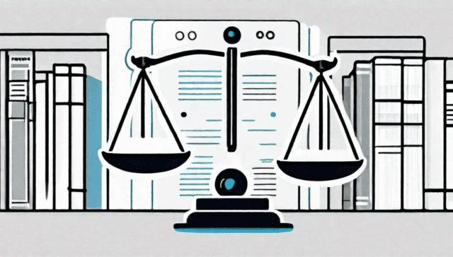 A balance scale with legal documents on one side and a computer with a training program interface on the other