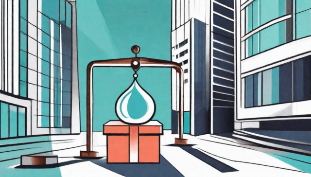 A balanced scale with a gift box on one side and a corporate building on the other