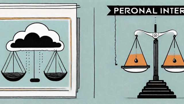 A balanced scale with a document labeled "personal interests" on one side