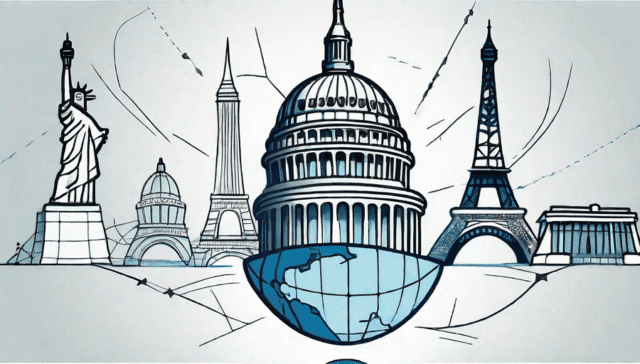 A cracked globe with various recognizable monuments from around the world