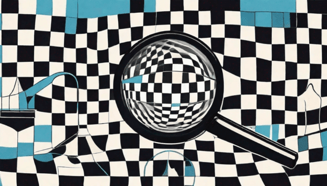 A large magnifying glass focusing on a chessboard with pieces shaped like various political symbols