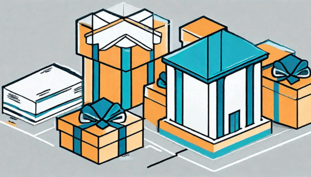 A university building with a symbolic scale of justice and a gift box on it