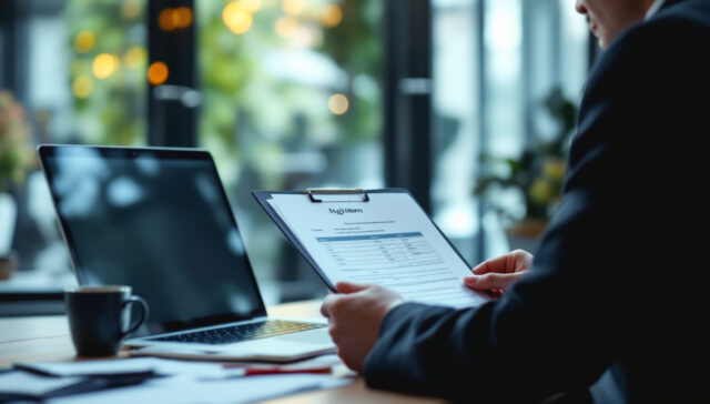 A photograph of a government official reviewing a gift and personal interest register in a well-lit office setting